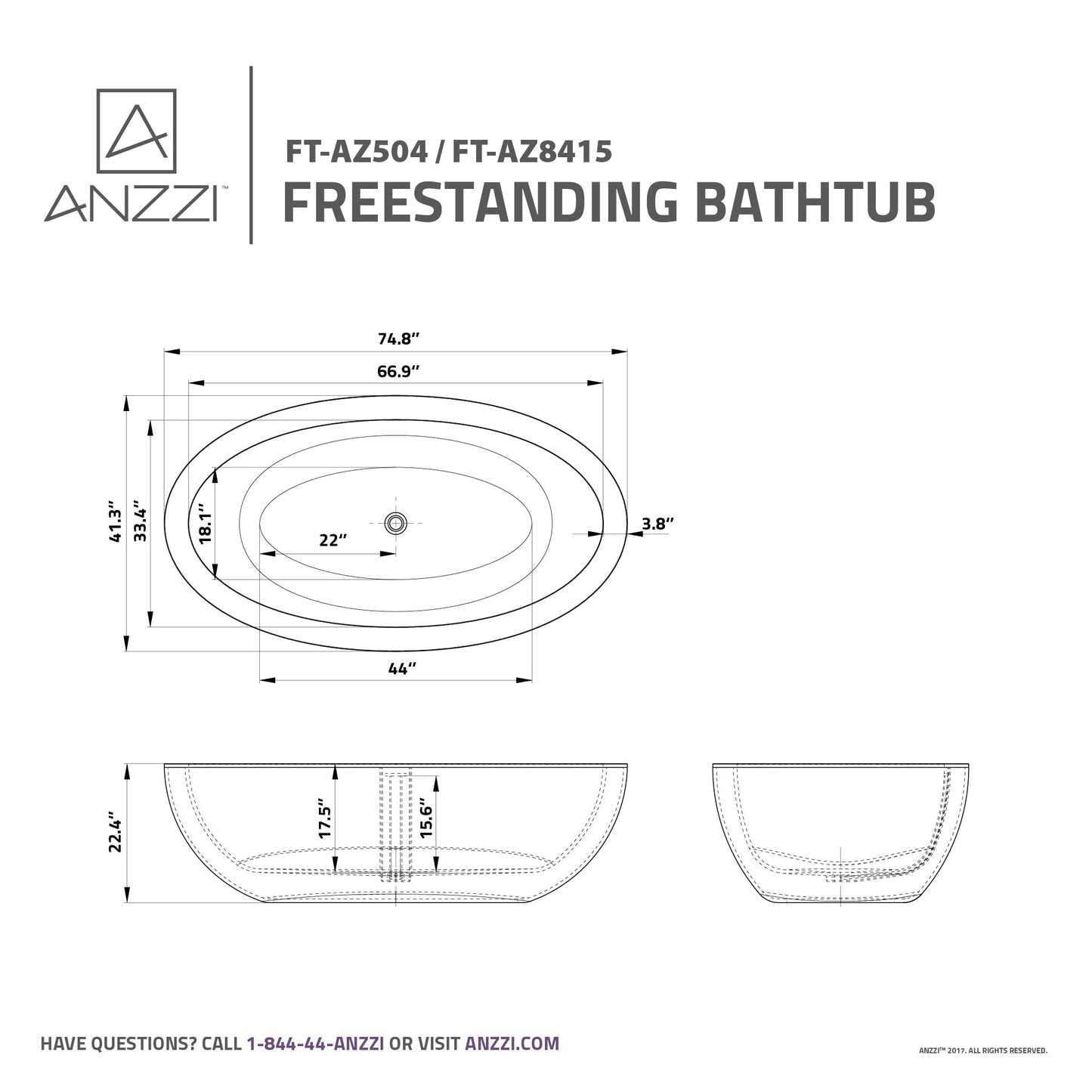 Anzzi Kekehun 6.3 ft. Solid Surface Center Drain Freestanding Bathtub in Matte White FT-AZ8415 - FT-AZ8415